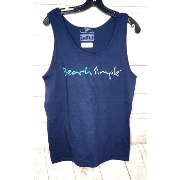Beach Simple Logo Cotton Blend U.S.A Made Small Blue White Letters Tank Top - Picture 1 of 12